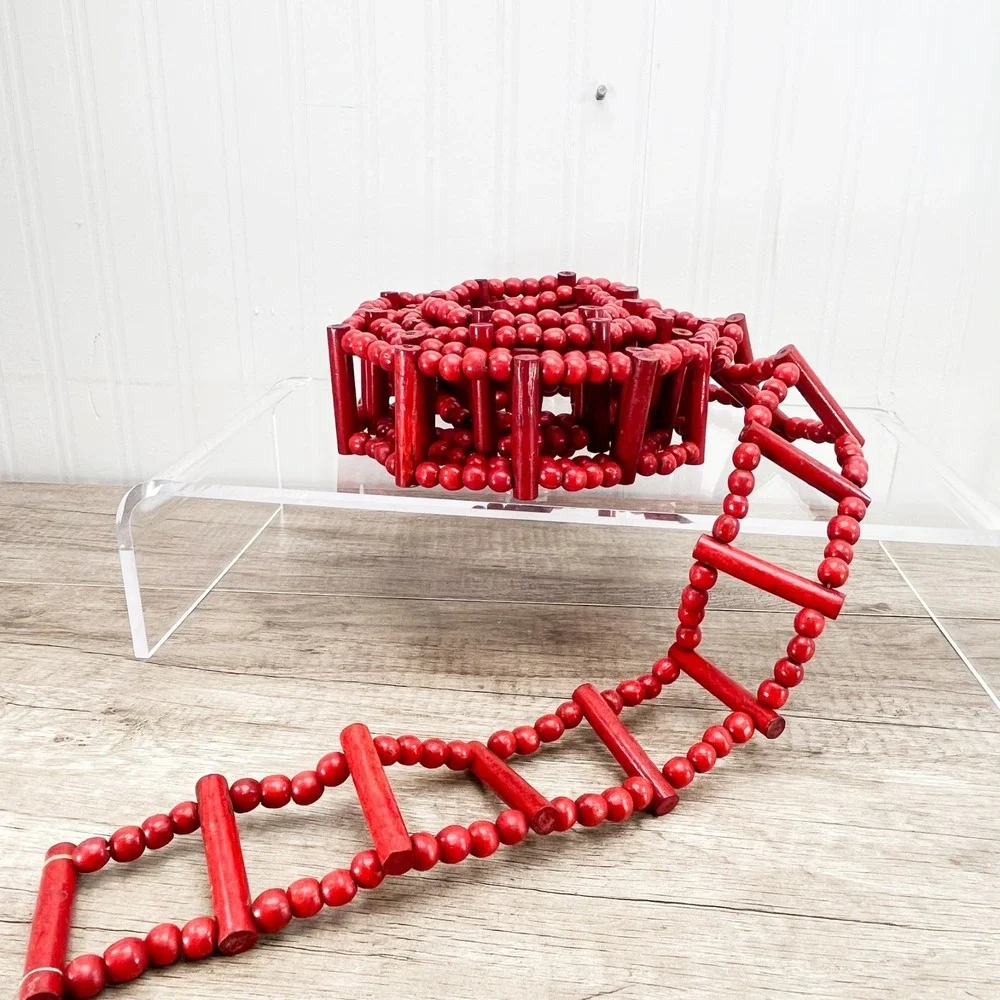 Vintage Red Wooden Holiday Garland Beaded Ladder Christmas Tree Trim 8.5 Ft